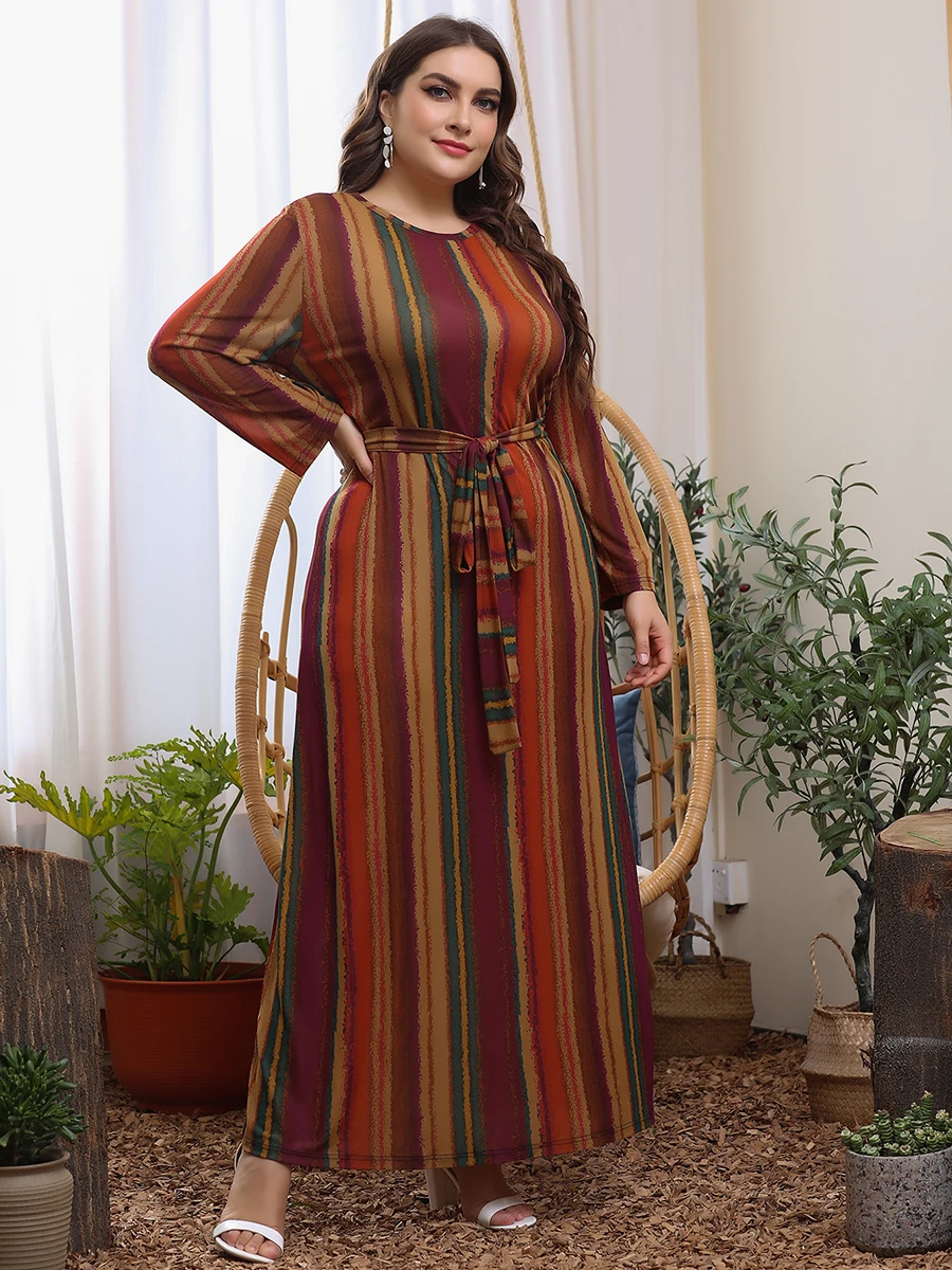 2024 Autumn Winter Long Sleeve Dress Woman Striped Print Loose Oversized Maxi Long Dress Plus Size Women Clothing