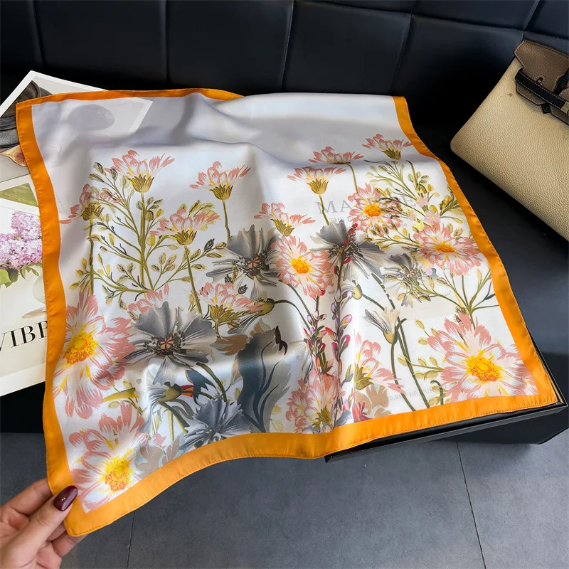 New Luxury Brand Satin Square Scarf Print Hair Ribbon Fashion Scarf for Women Neckerchief Bandana Solid Colors Shawl Headband