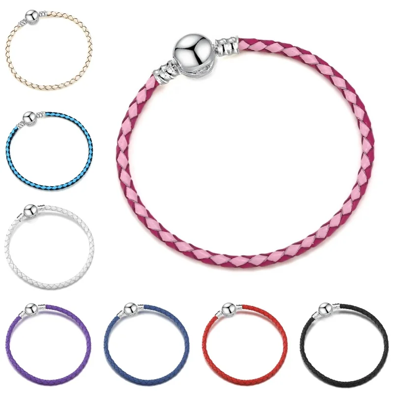 2024 New 925 Silver Plated Round Buckle Leather Rope Basic Chain Charms Bracelet Women DIY Jewelry Valentine's Day Gifts