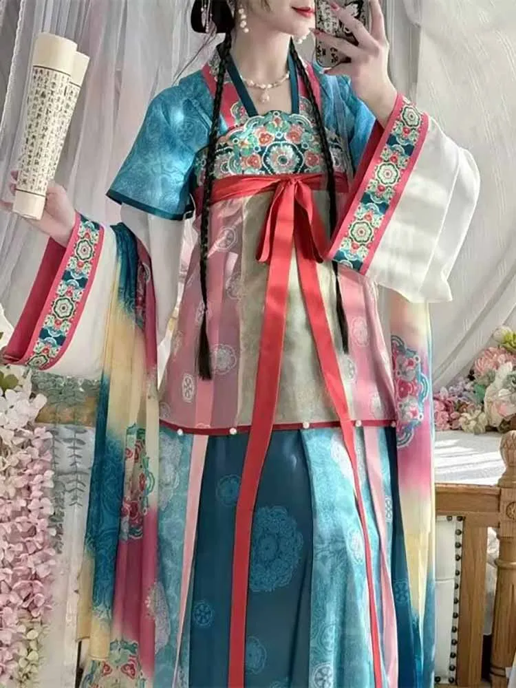

Китайское платье ханьфу, женский костюм для косплея, винтажное платье древней династии Тан, синий и зеленый вышитый наряд для вечеринки, женское платье ханьфу