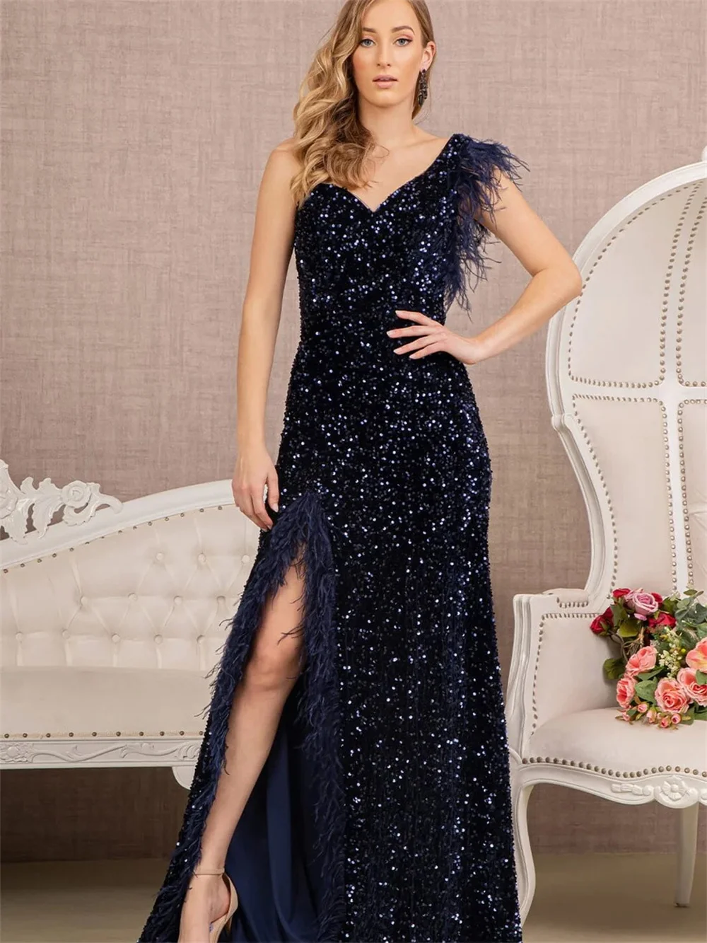 Elegant หนึ่งไหล่ A-Line ชุดราตรี 2024 หรูหราเลื่อมชุดราตรีเซ็กซี่ด้านข้างชุด Vestidos De Novia