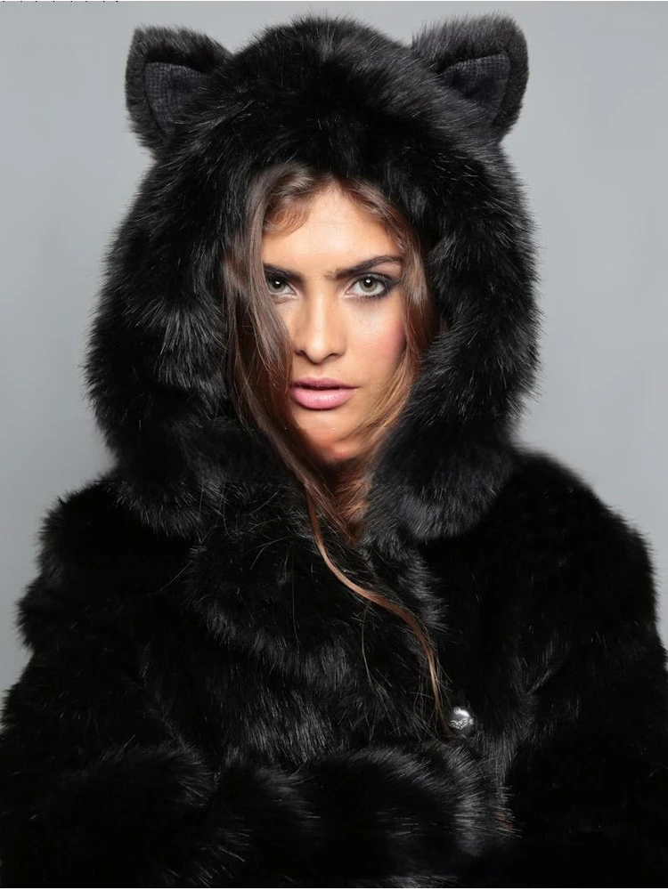 Winter Heavy Warm Faux Fur Soft Comfortable Sweet Cute Cartoon Ear Simple Comfortable Dating Fashionable Smooth Hooded Outerwear