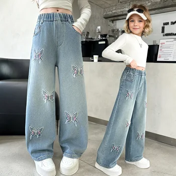 Girls Versatile Butterfly Ripped Jeans Wide-Leg Pants Medium to Large Sizes Fashionable Slimming Kids' Clothing