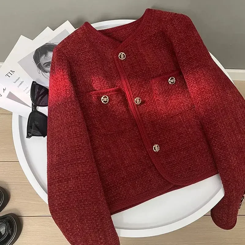 Autumn Winter Women's Tweed Jacket Single Breasted High Street Red Jackets French Casual Fashion Female Cotton Padded Coat