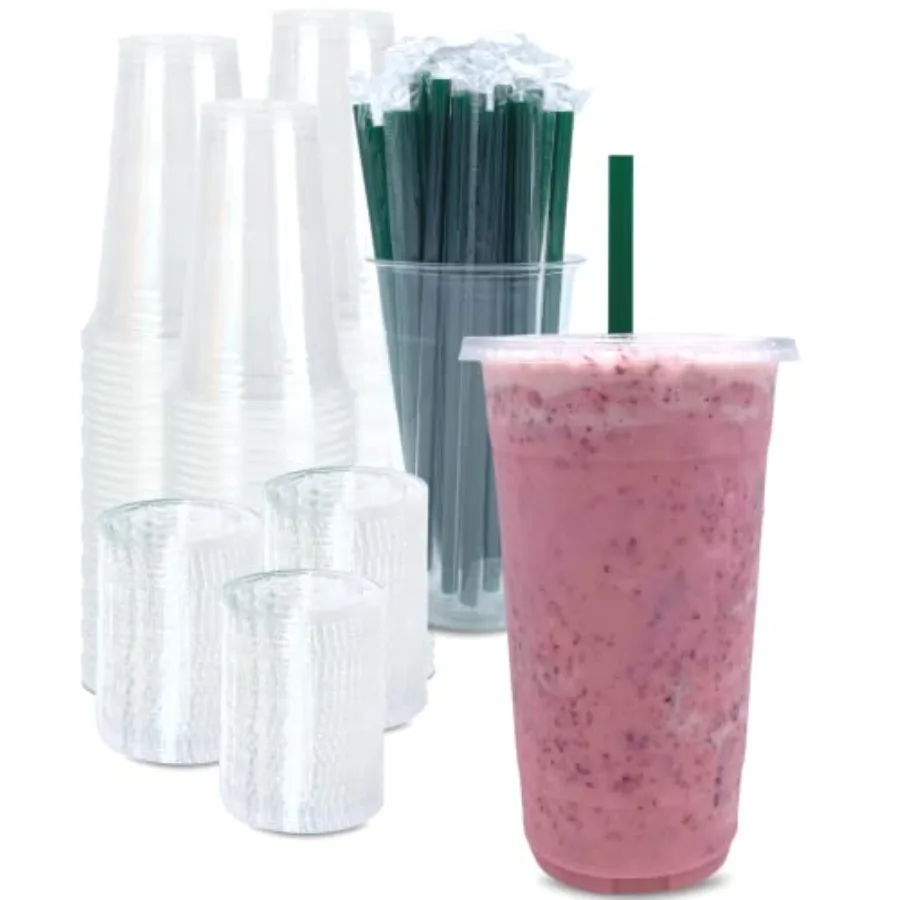 

SETS] 32 oz Clear Plastic Cups with Lids and STRAWS, Disposable Drinking Cups for Cold Drinks, Iced Coffee, Milkshakes, Smoothi