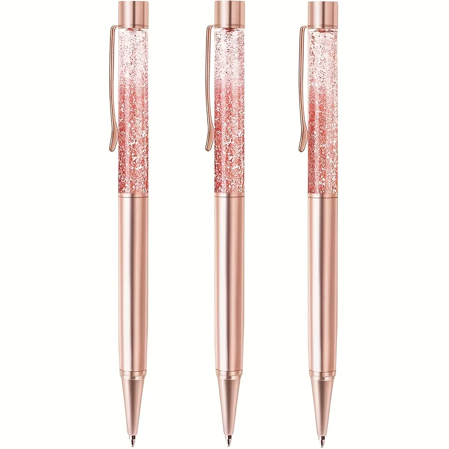 3 Rose Golden Ballpoint Pens, Metallic Shiny Dynamic Liquid Sand Pens, Beautiful Pens with Refills, Black Ink, Office Supplies