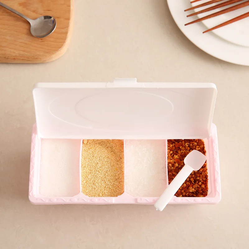 4-Compartment Seasoning Box Multi-Functional Plastic Salt And Msg Seasoning Box Kitchen Partition And Lid Seasoning Jar