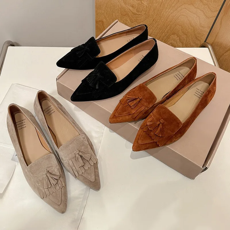 

MKKHOU модная женская обувь, новые замшевые кожаные туфли высокого качества, туфли на низком каблуке с острым носком и кисточками, женские туфли на каблуке