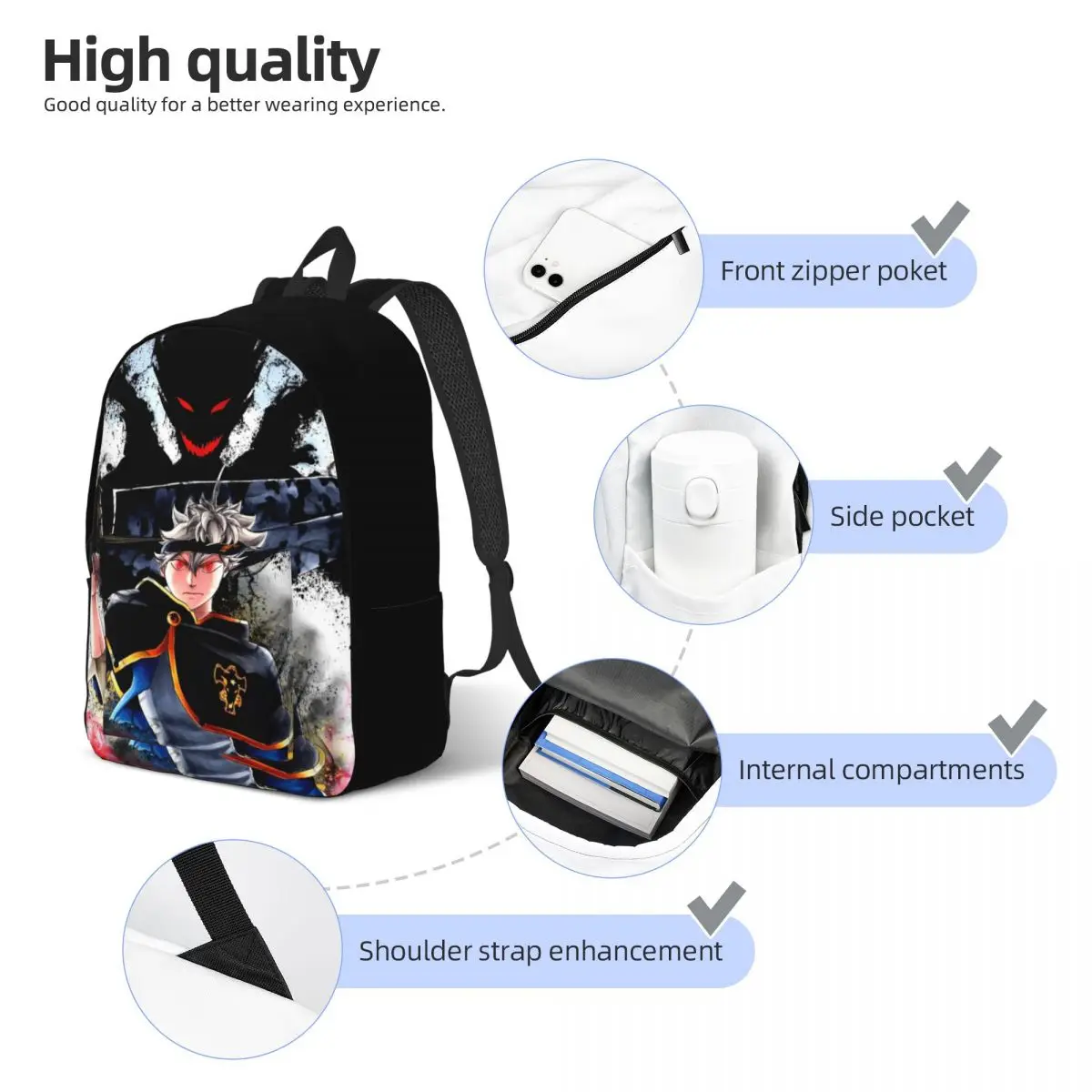 Mochila Black-Clovers para hombre y mujer, morral fresco de lona para estudiantes, senderismo, viaje, aventura, fantasía, Anime oscuro, portátil, al aire libre