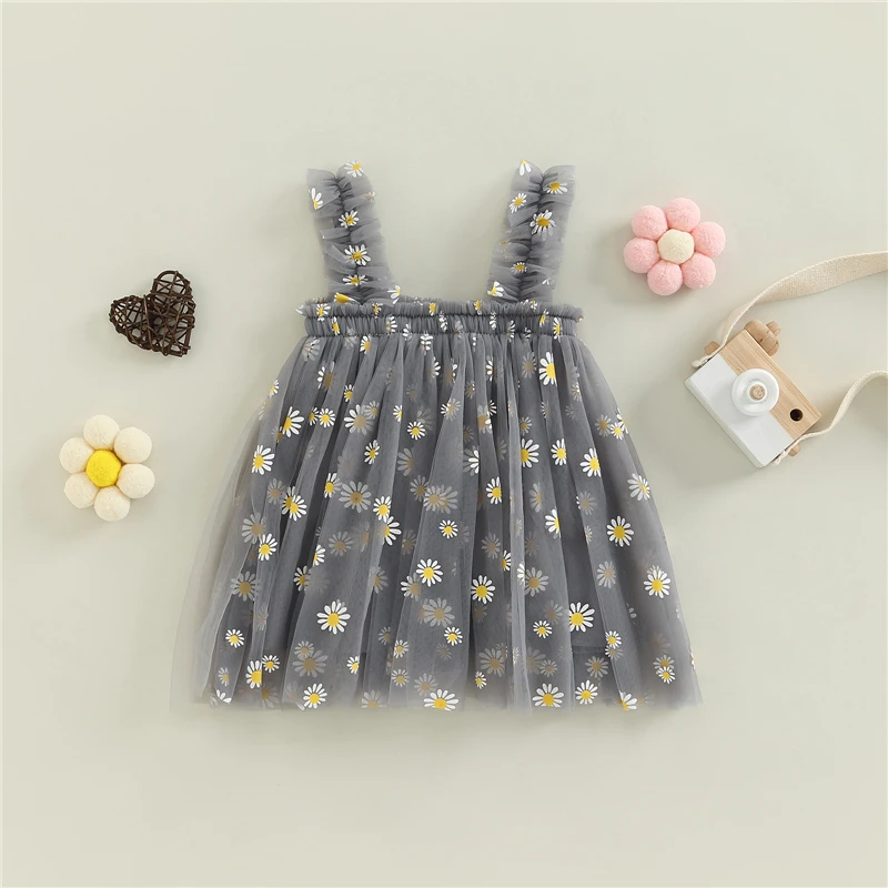 Toddler Baby Kids Girls Party Dress 2022 Summer Sleeveless Daisy Floral Tutu Dress Layered Tulle Princess Birthday Dresses