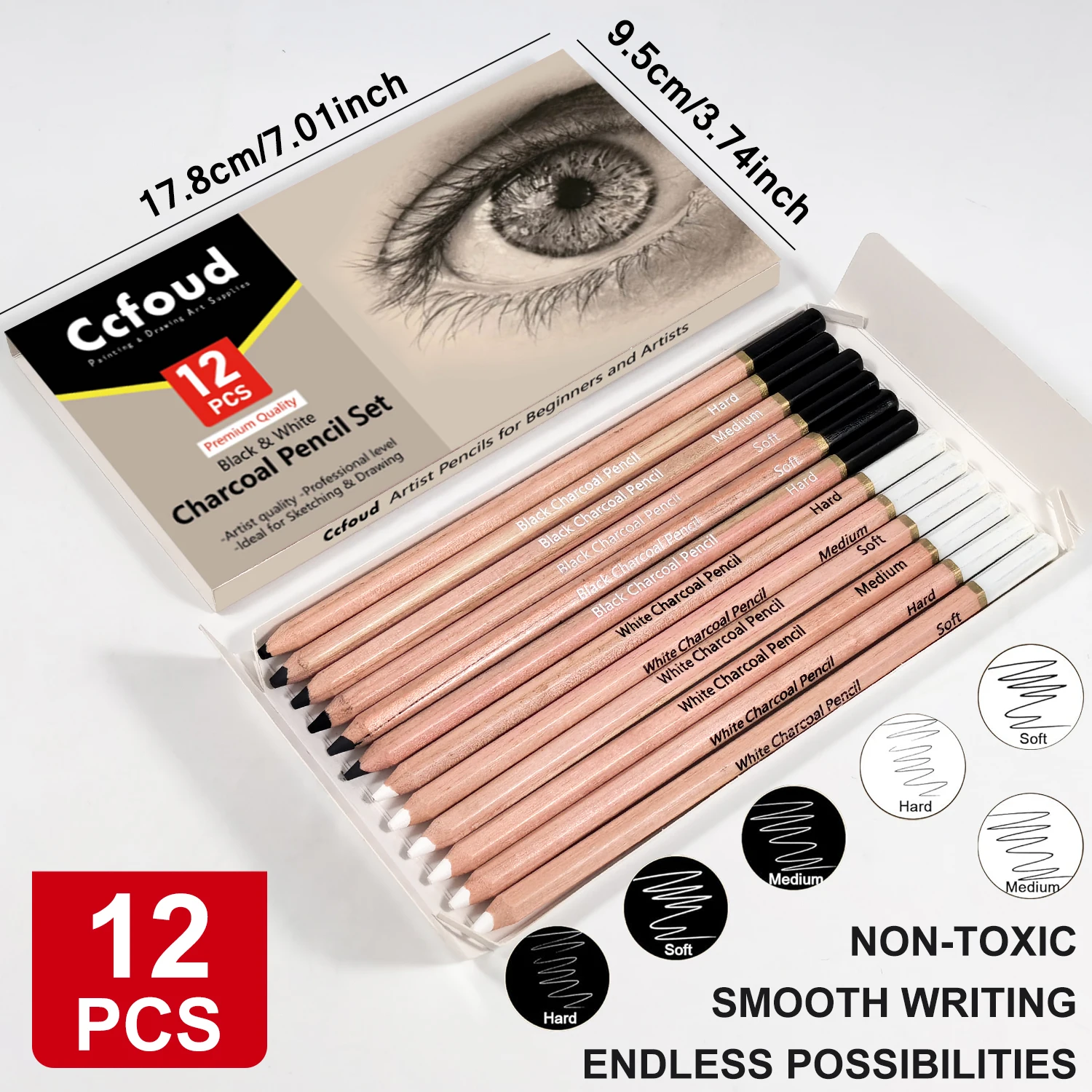 プロ炭鉛筆描画セット、6/10/12/20本入り、黒/白炭鉛 - Sketching Charcoal Set のレビューと価格