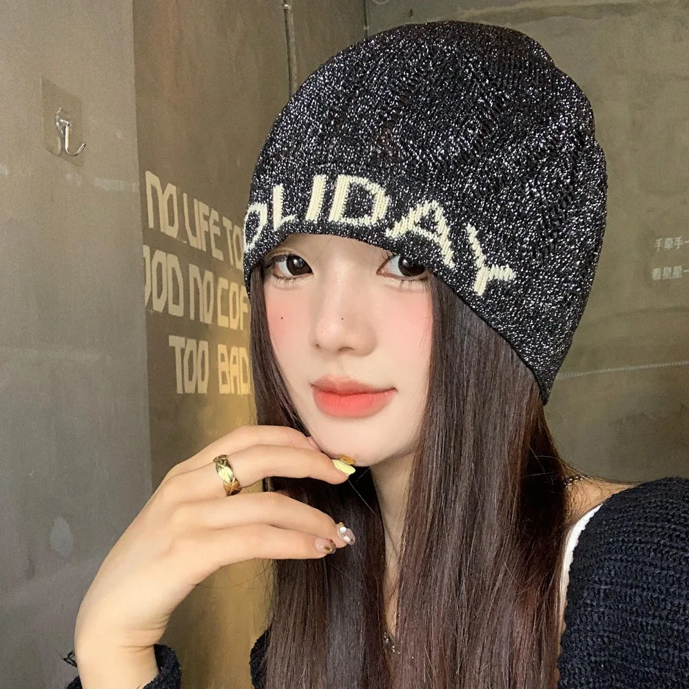 

Casual Vintage Sequin Knitted Hat Hollow Thin Knitted Pullover Hat Cool Mixed Color Letter Beanie Hat Streetwear