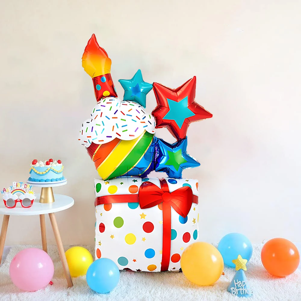 1 Piece Cake Gift Box Aluminum Foil Balloons Kidsren\'s Birthday Party Decoration, Happy Birthday Cake Decoration Balloons