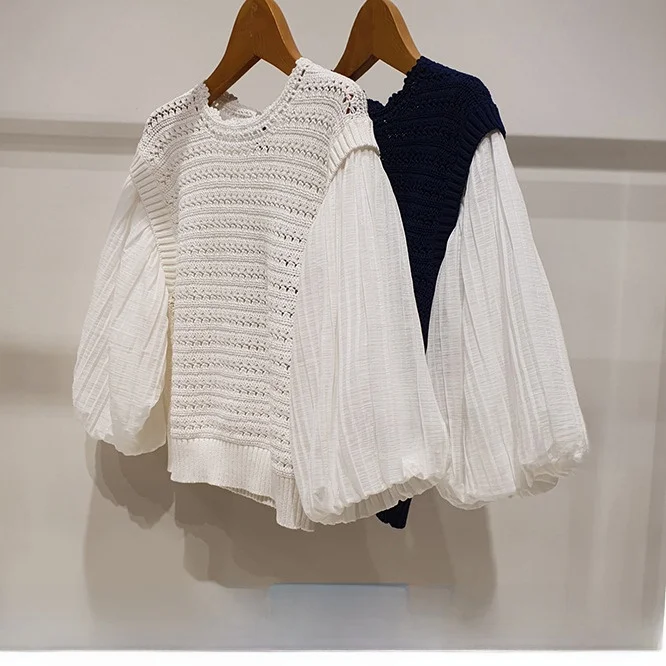 Efekt wyszczuplający, dzianina z czystej bawełny, ażurowe wycięcia, elastyczne łączenia, koreański styl, długi rękaw, okrągły dekolt, styl dojazdowy, elegancki.