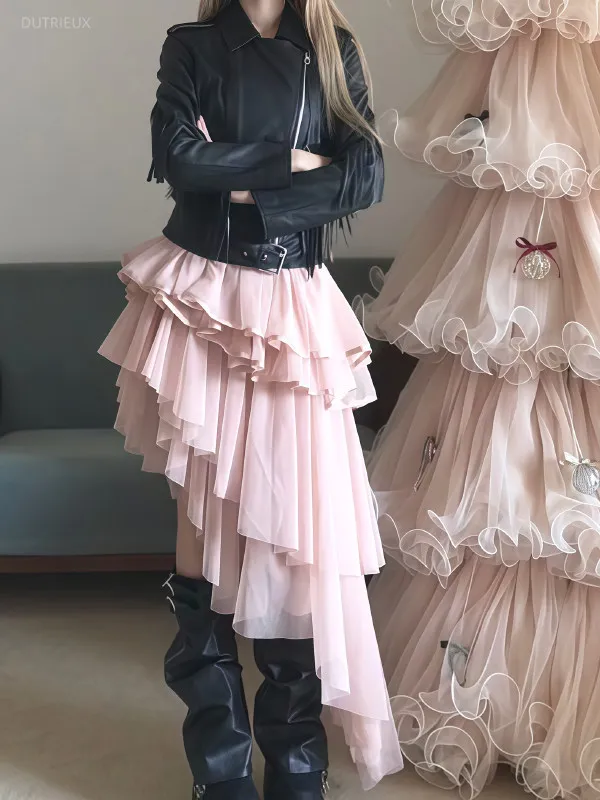 American Sweet Girls Vintage Pink Irregular Cake Skirts Women High Street Aesthetic All-match Casual Skirt Y2k Gothic Faldas