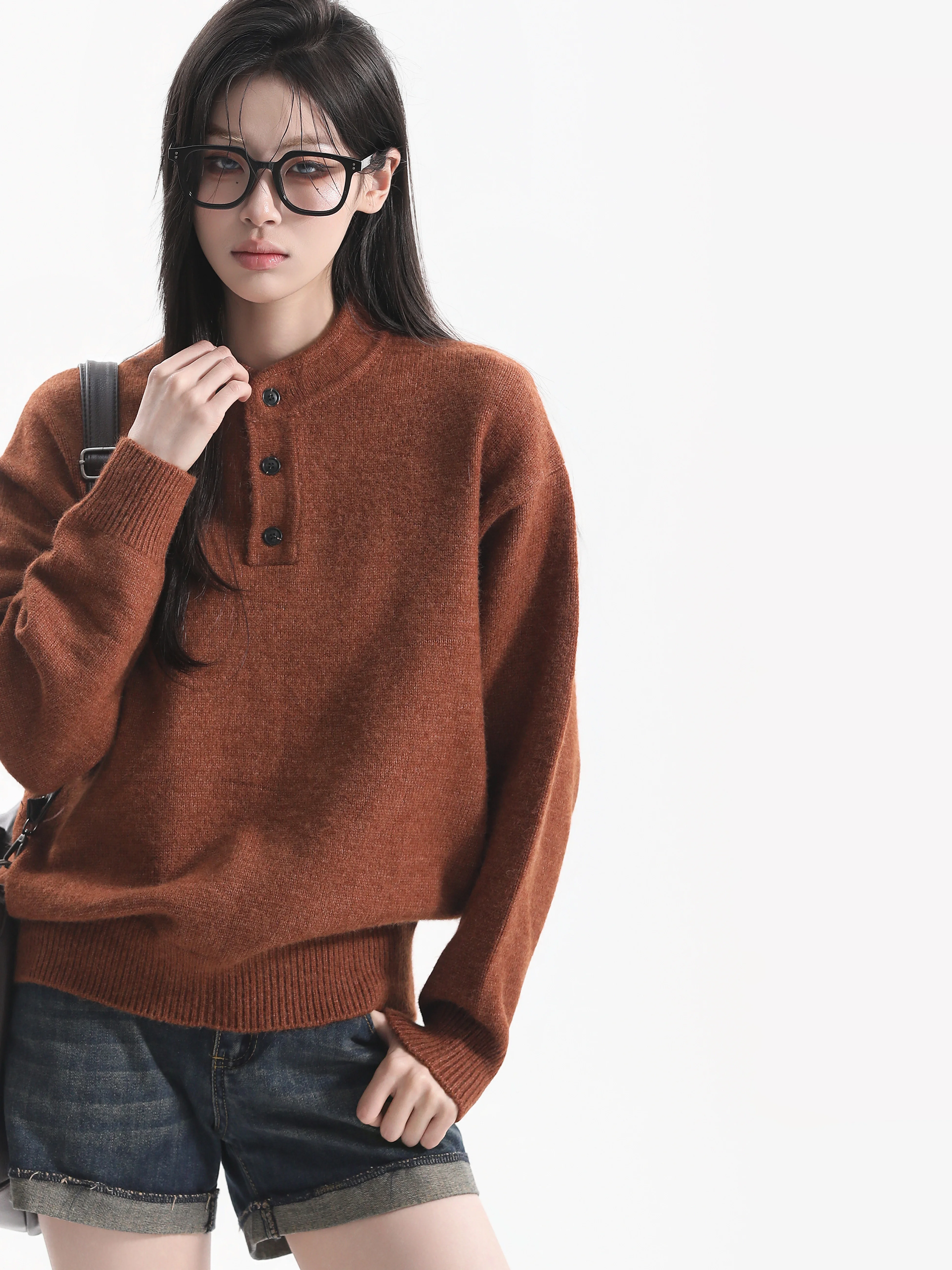 Loose Fit Women's Crew Neck Knitwear Henry Collar Pure Color Casual Style Autumn Winter Soft Acrylic Polyester Nylon Blend