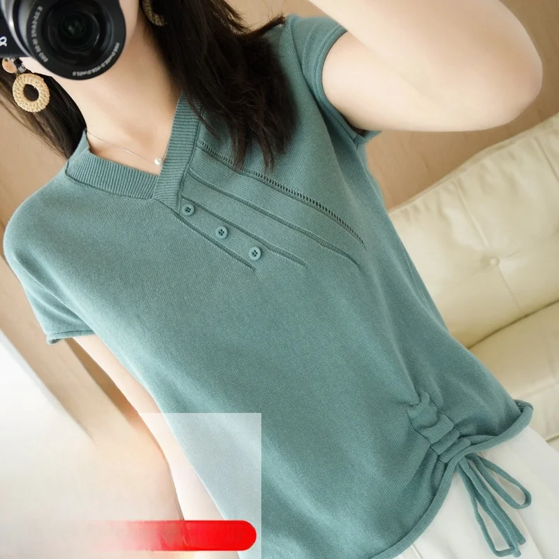 

00% Pure Cotton V-Ne T-irt ort Sve Loose Knitted Women's Top Sweet Sle f Sve T-irt for Spring Summer