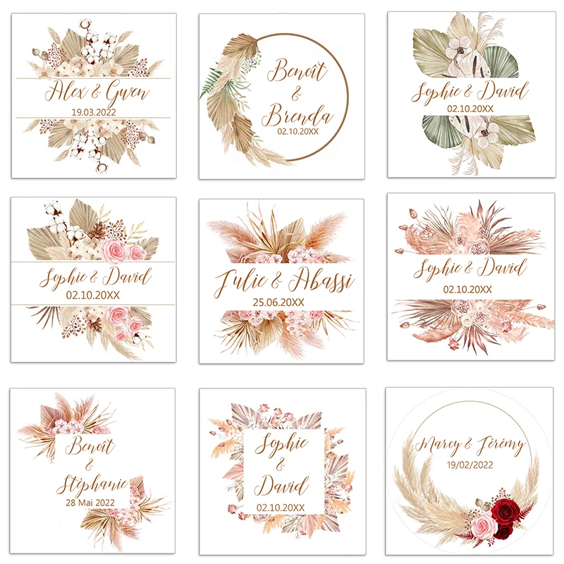 Square Shape Pampas Grass Customize Stickers Wedding Sticker Labels Personalise Baptism Birthday Sealing Sticker Party Decor