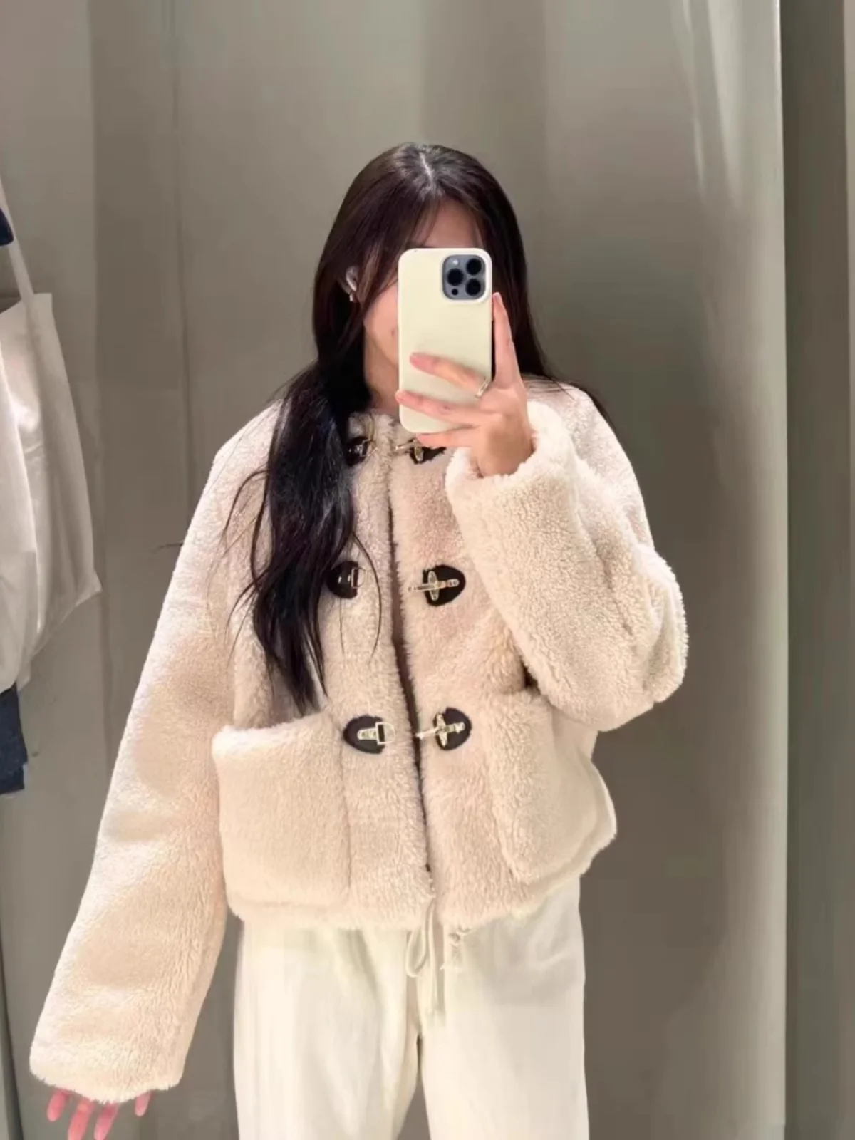 เสื้อโค้ทขนแกะสำหรับผู้หญิง ทรงกลม ตกแต่งด้วยผ้าสีฟ้า ซับในด้วยผ้าขนสัตว์ ทรงหลวม แขนยาว สีฟ้า