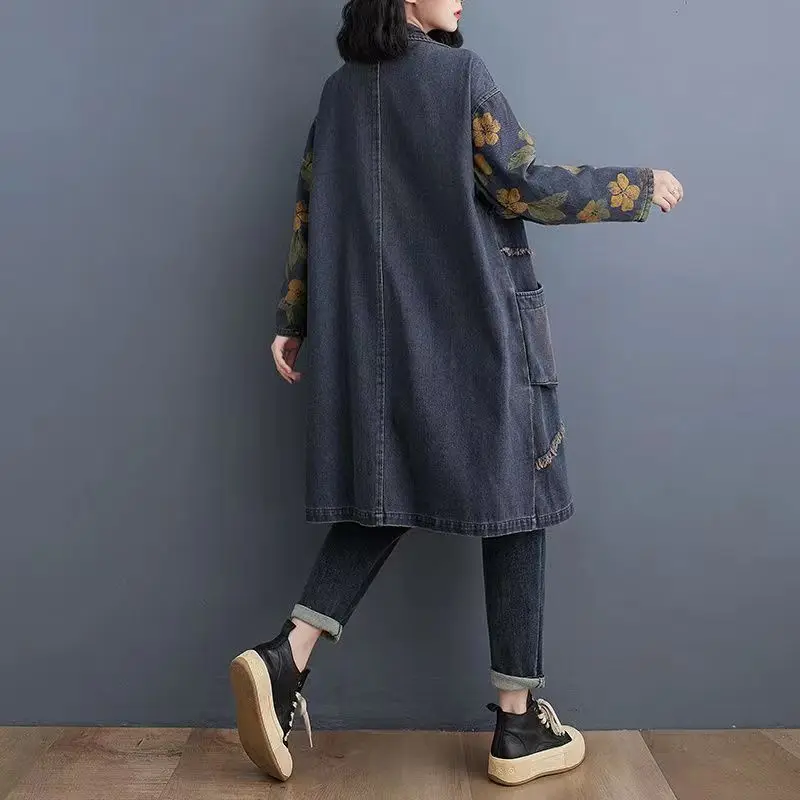 Trench in Denim da donna Vintage per donna 2024 autunno nuova stampa giacca di Jeans a maniche lunghe giacca a vento in Denim allentato Casual