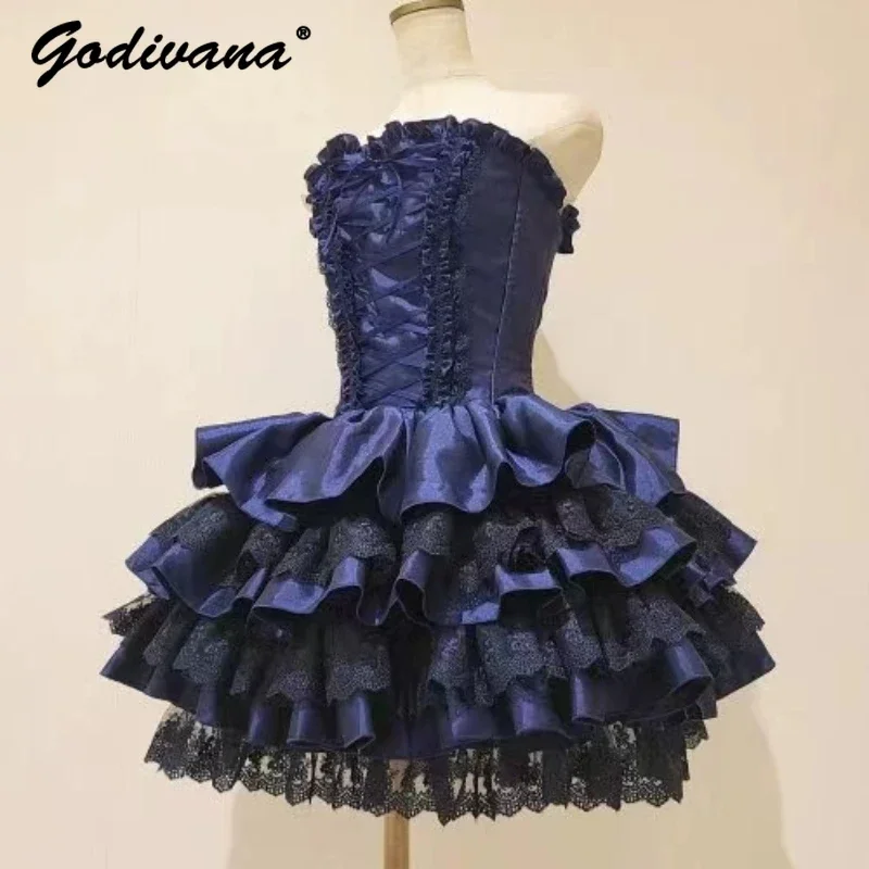 Japanese Style New Lolita Sleeveless Lace Stitching Tube Cake Dress  Girl Womens Sweet Multi Layered Princess Strapless Dress