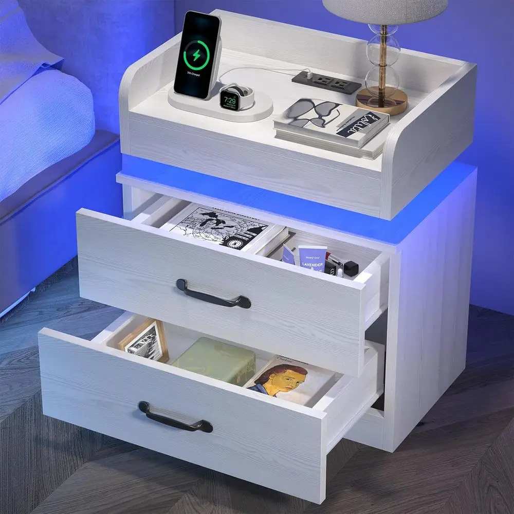 

LED-Illuminated Charging Nightstand with Dual Drawers for Bedside or Bedroom Use