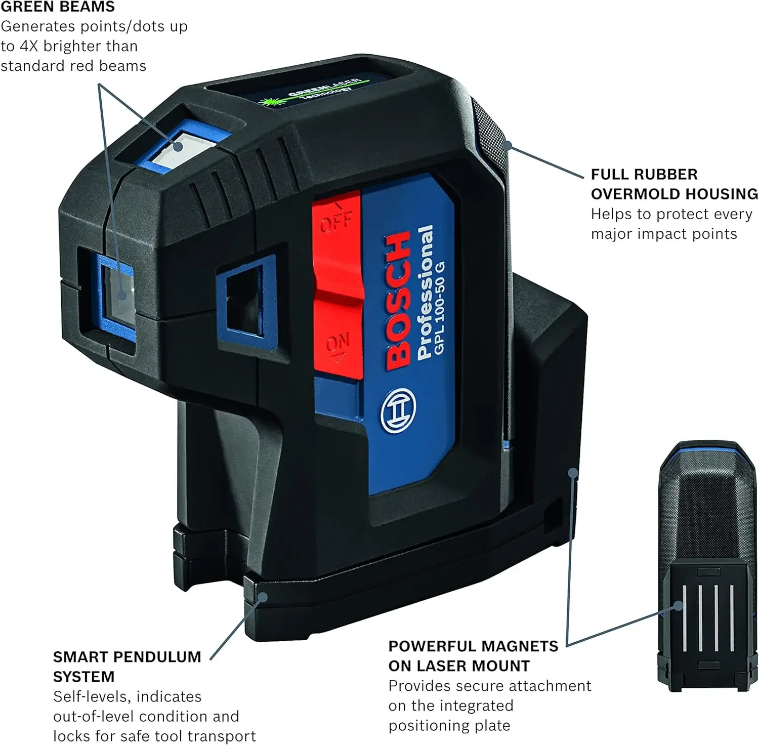 100-50G Green-Beam Self-Leveling Alignment Laser, Includes 2 AA Batteries, Built-In Multipurpose Mount, & Hard Carrying