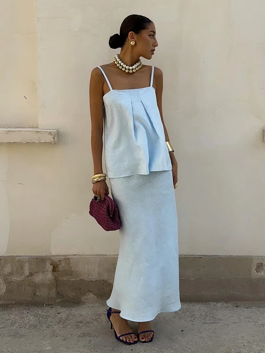 

Wolfeel 2026, весна-лето, новый хлопковый женский комплект с юбкой на бретельках, элегантная ленивая макси-юбка на бретельках с русалкой, наряд из двух предметов