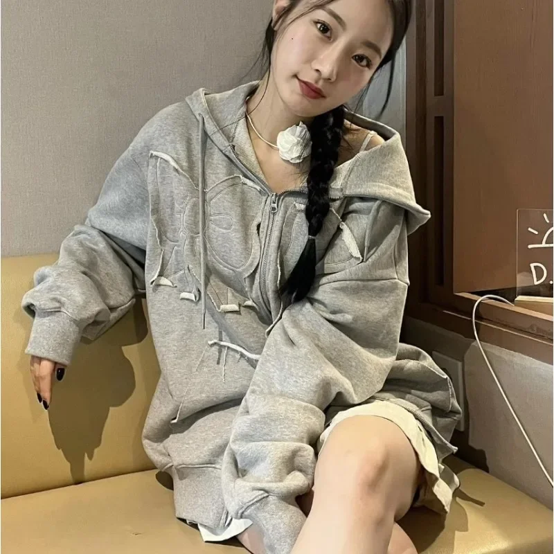 

Fashion Country Niche Patch Embroidery Bow Autumn New Item Hooded Sweatshirt Double Zipper Jacket Female Clothing