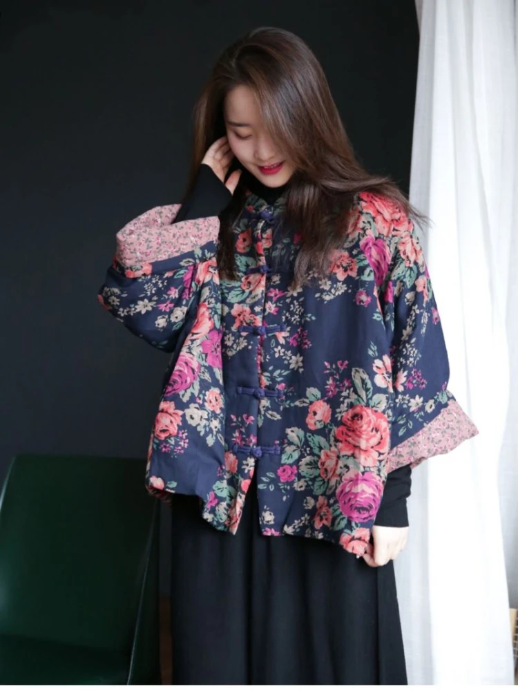 Floral Print Cotton Coat Vintage Autumn Winter Women Clothing Warm Design Chic Jackets Single Breasted Long Sleeves Outerwear