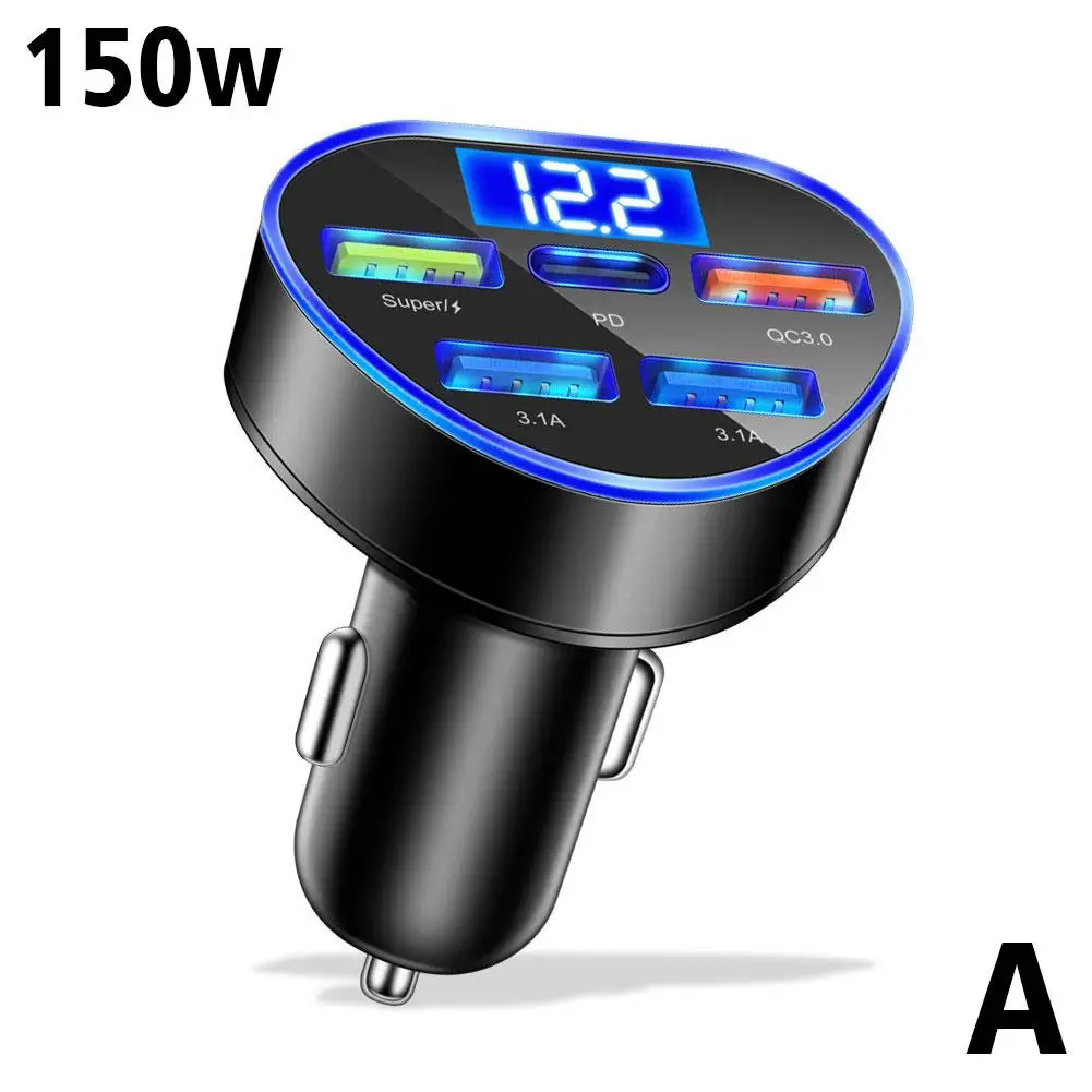 150W 5-in-1 Digital Display Car Charger 12-24V 5-Ports Super Fast Charge PD QC3.0 Dual-USB 3.1A Car Charger For Suv Sedan T X3Y9