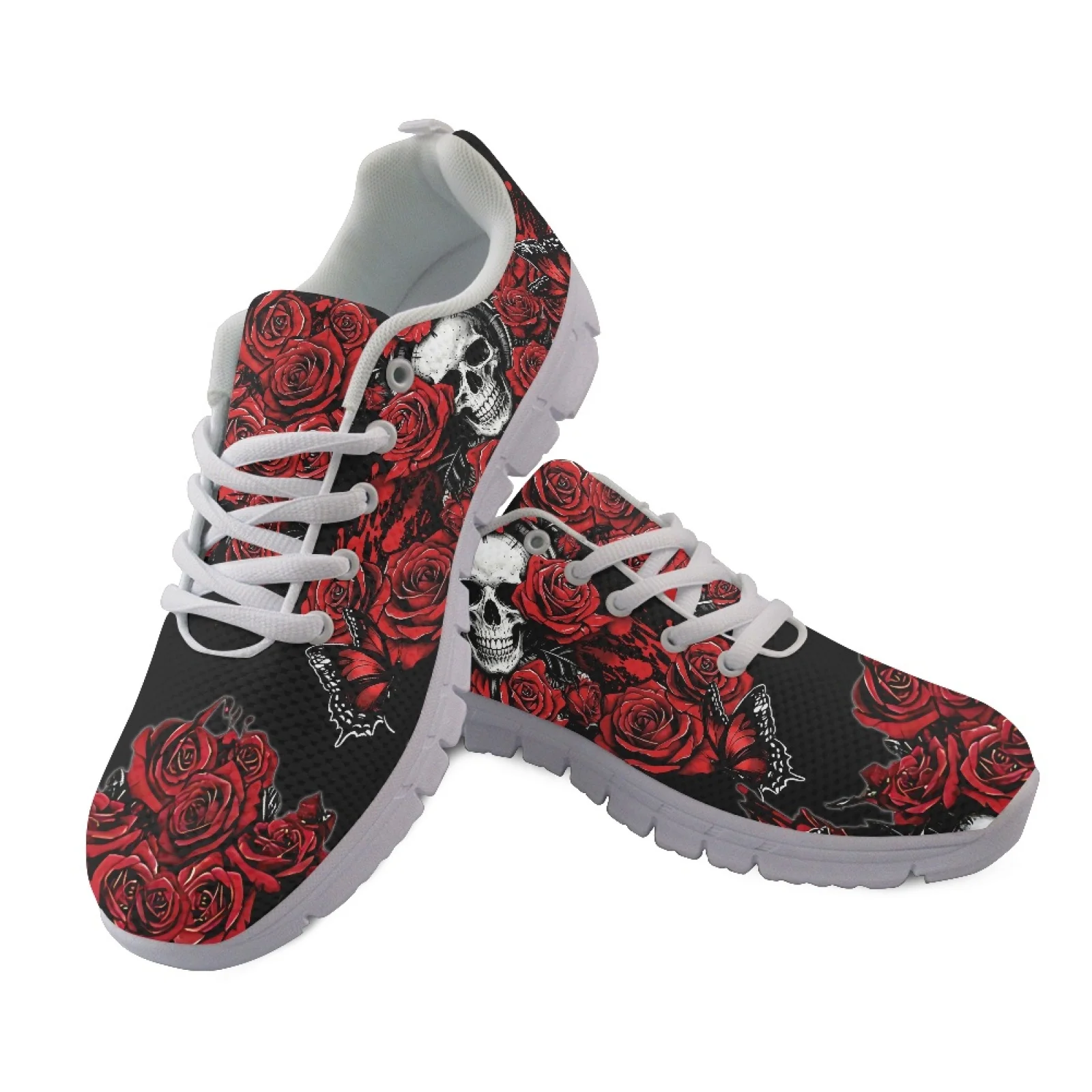Coloranimal Lace Up Breathable Running Sneakers for Men Womens Athletic Walking Sneakers for Training Skull Red Rose