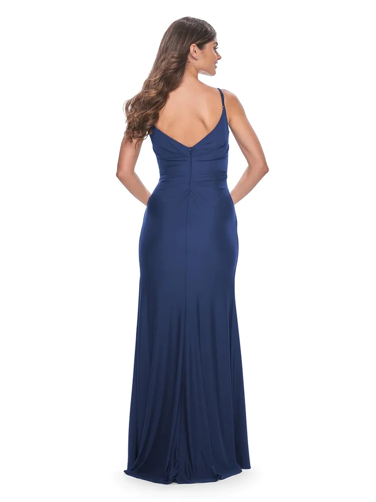 New Product V Neck Spaghetti Strap Satin Mermaid Evening Dress Sexy Open Back Zipper Floor Length High Slit Gown for Women 2024