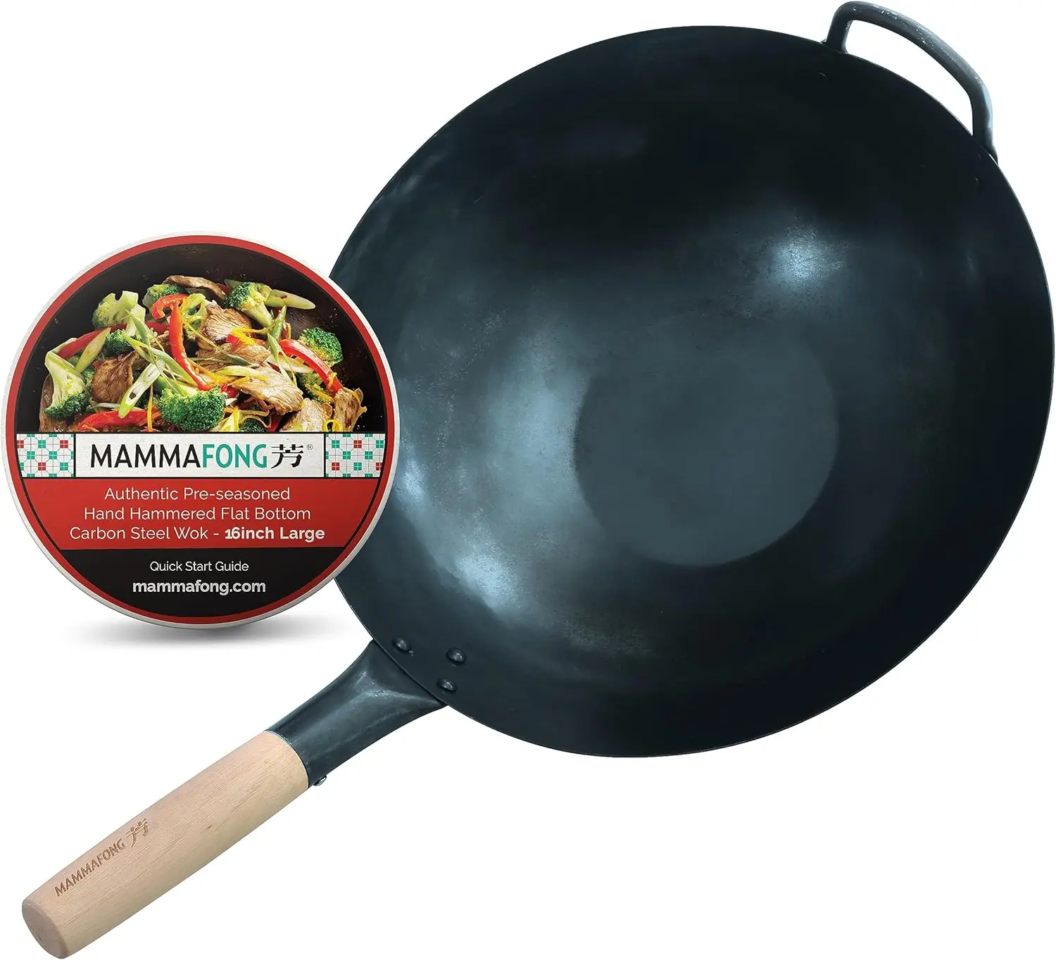 

16-Inch Traditional Carbon Steel Wok Pan - Hand Hammered, Flat Bottom, Non-Stick Coating for Stir Fry and Cooking