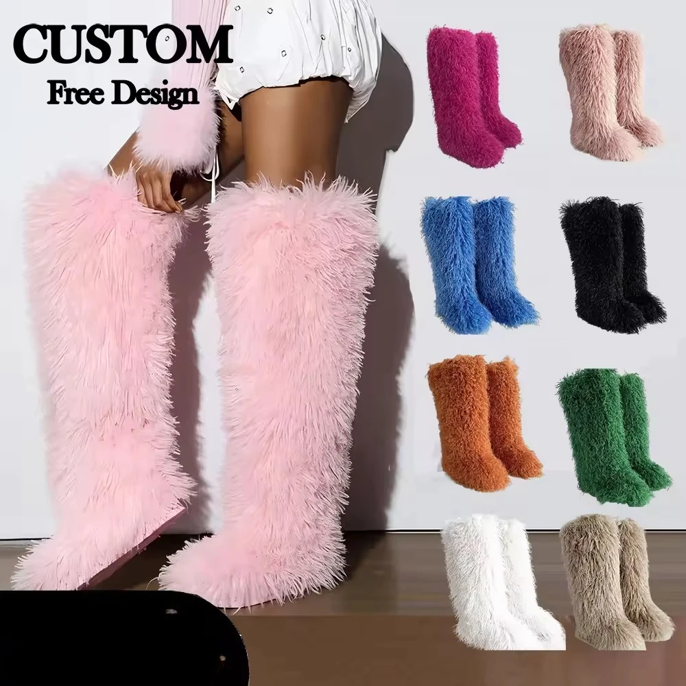 

Plus Size Women's Winter Faux Fur Mongolian Thigh High Boots Sheepskin Over the Knee Boots for Snow