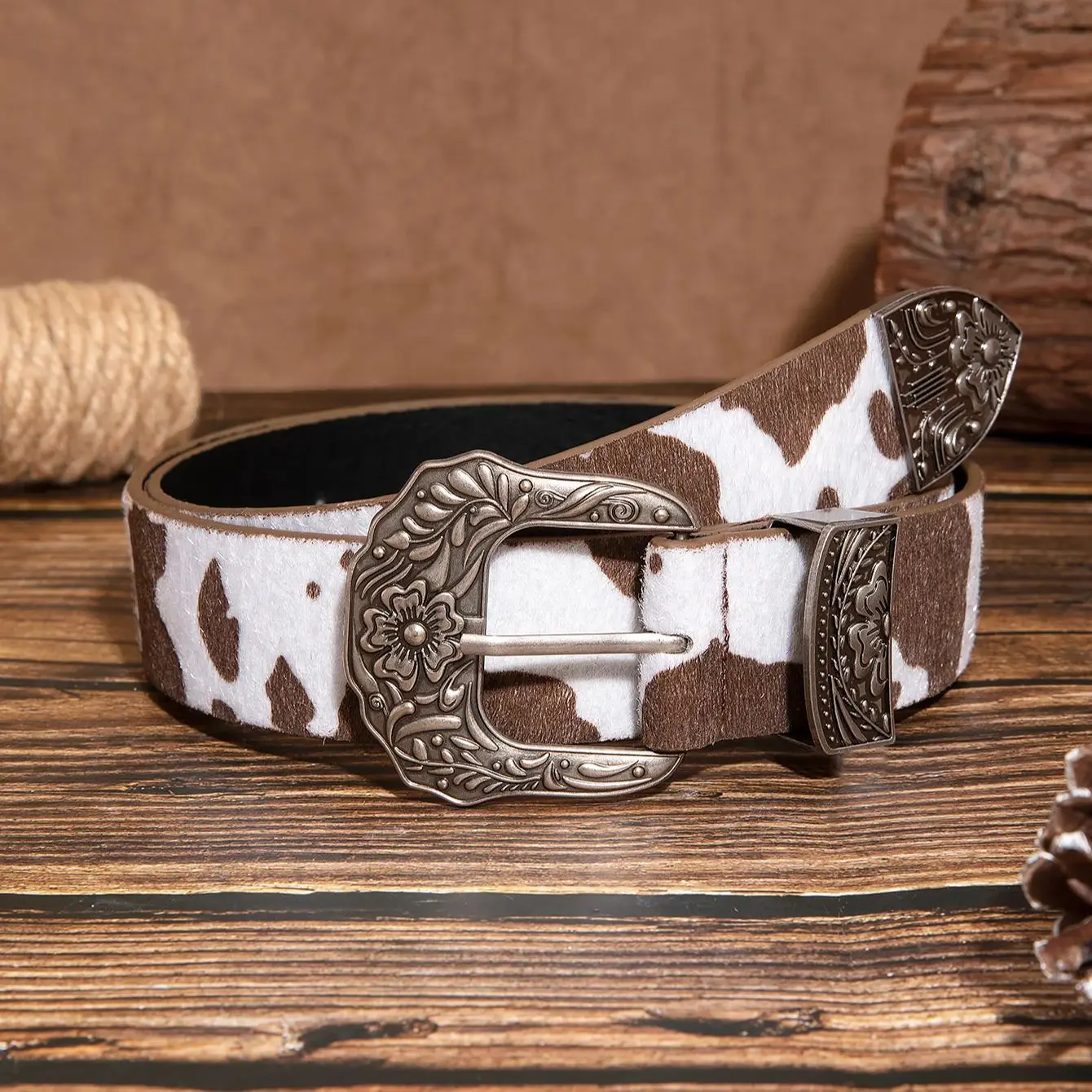 قطعة واحدة من حزام نسائي كاجوال بطبعة بقرة بنية اللون منقوش بإبزيم على شكل زهرة للجينز، حزام إكسسوار متعدد الاستخدامات. #3
