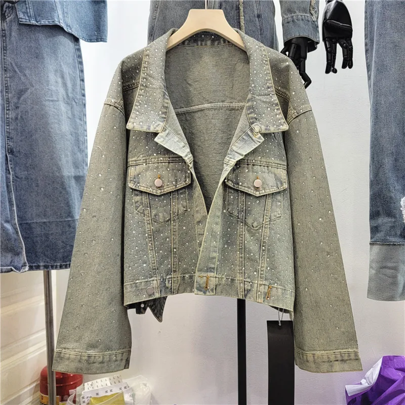 

Hot Drilling Gradient Color Denim Jacket Women Korean Loose Short High Waist Cowboy Outerwear Batwing Sleeve Jeans Jacket Female