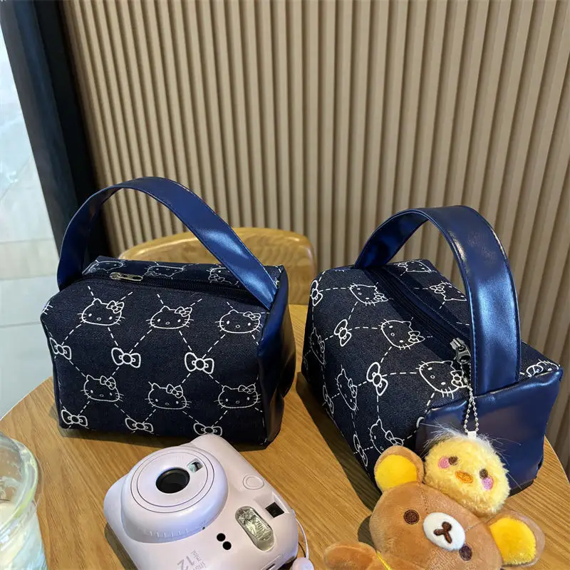 헬로 키티 데님 핸드백 Sanrio Anime Wash Bag 대용량 메이크업 케이스 휴대용 토트 패션 가방 여성용 배낭 선물