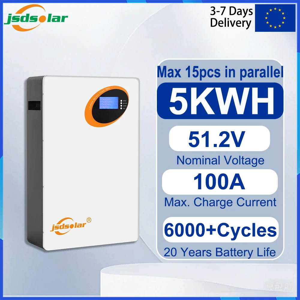 5120Wh Wandmontierte Lifepo4-Batterie mit Bluetooth, 5,12 kWh, 48V, 100Ah