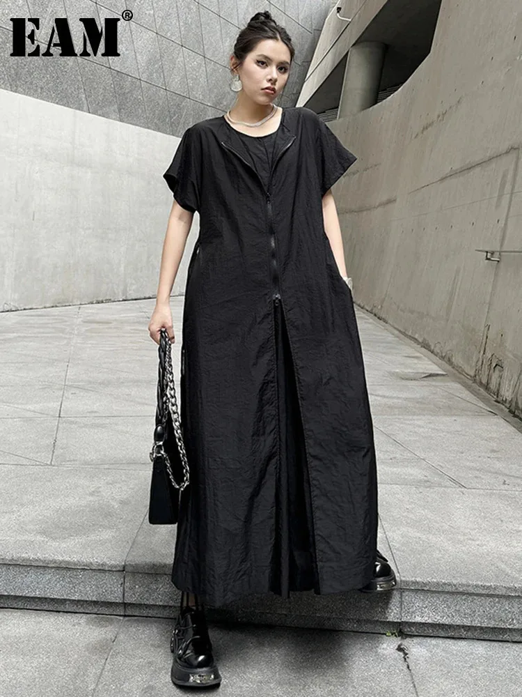 

[EAM] Women Black Belted Big Size Long Jumpsuit New High Waist Pocket Stitch Pants Fashion Tide Spring Summer 2024 1DH5750