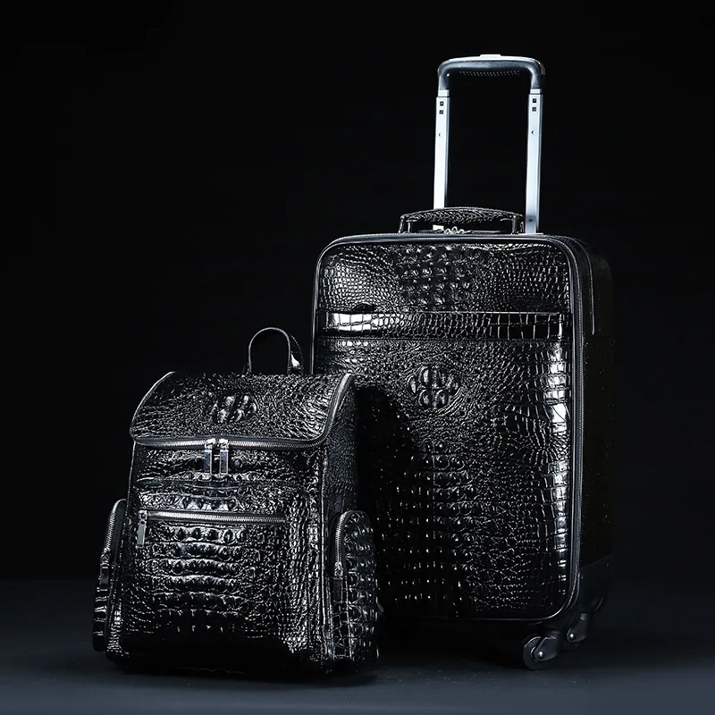 Genuine Leather crocodile pattern travel luggage with handbag backpack men's first layer cowhide trolley suitcase boarding case