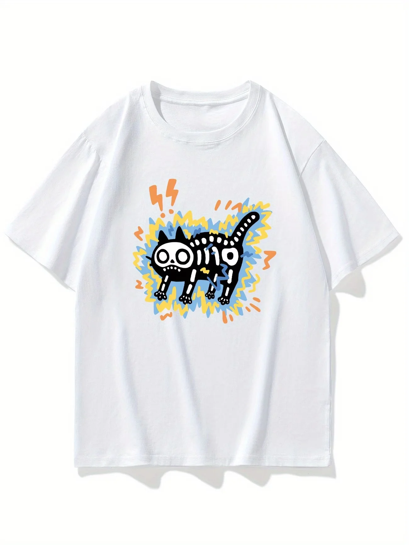Funny Electric Shock Cat T-Shirt Humorous Skeleton Kitten Graphic Tee Cute Animal Print Summer Short Sleeve Top Unisex Casual