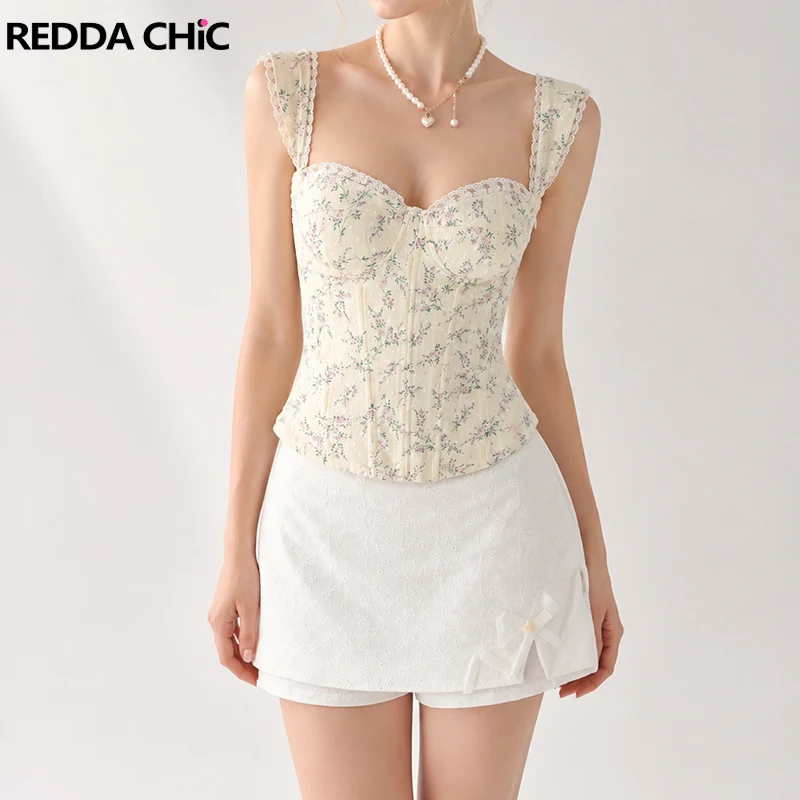 REDDACHiC Vintage Boned Corset Skirt Set Women Cute Jacquard Mini Bodycon Skirt Floral Square Neck Tank Top Cottagecore Clothes