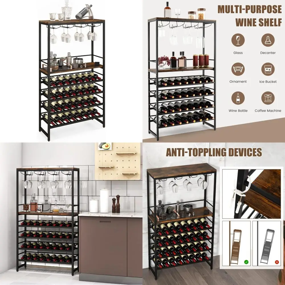 Multi-tier Wine Rack for 32 Bottles and 16 Glasses, Storage and Stemware Holder, Functional Wine Display Stand