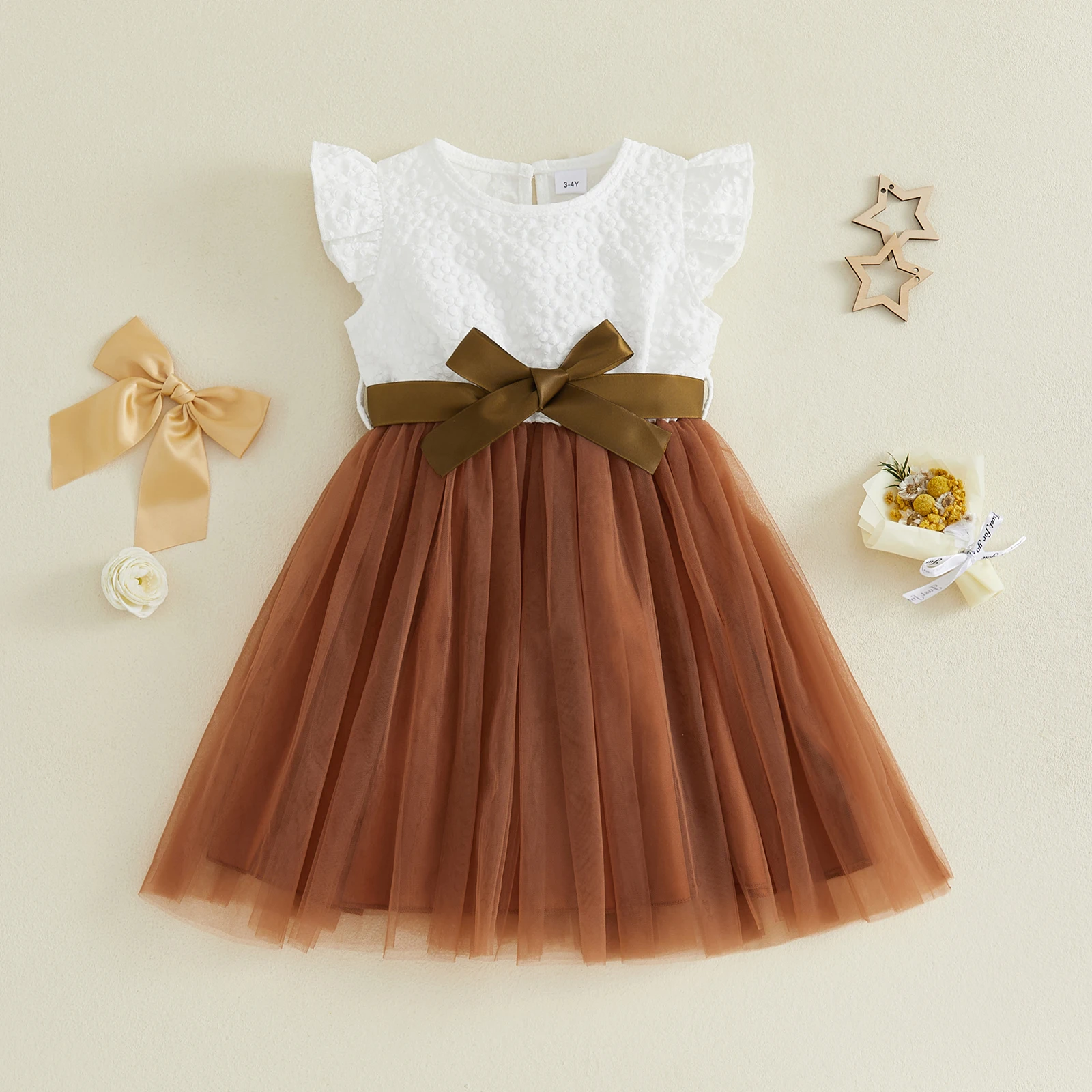 3-10Y Little Girls Summer Princess Party Dress Flying Sleeve Crew Neck Contrast Color Patchwork Tulle Mesh Dress with Belt
