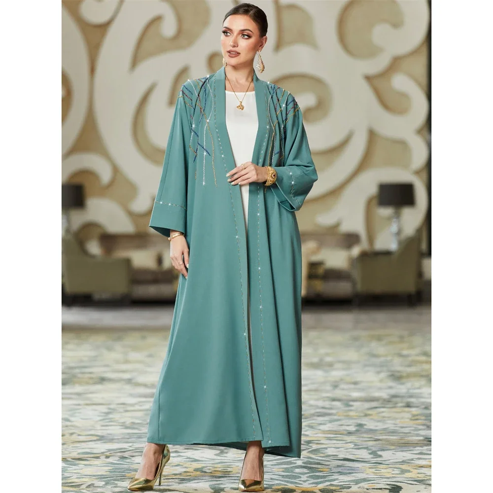 Moroccan Eid Party Diamonds for Elegant Women Open Abayas Cardigan Dress Arab Dubai Islamic Kimono Gown Ramadan Evening Jalabiya