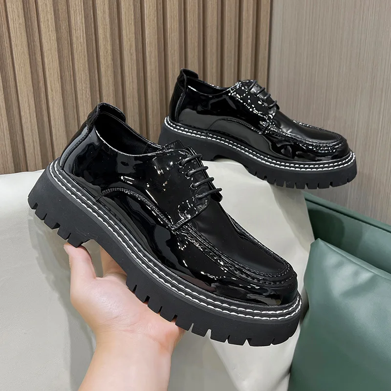 Newest Korean Designer Round Toe Casual Men Shoes Vintage British Formal Dress Leather Shoes Fashion Lace-up Loafers Luxury New