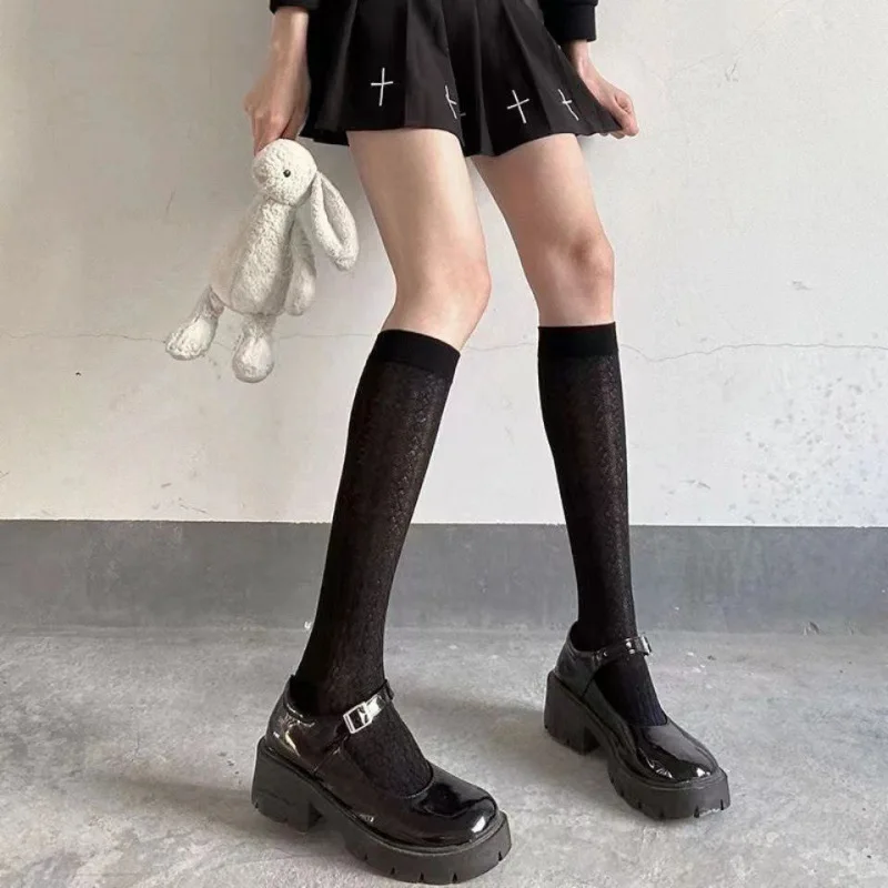 

Spring and Summer Thin Twist Calf Korean Style Dark Cold Style Lolita Socks Solid Color All-Match Knee-Length Half Tube Women's