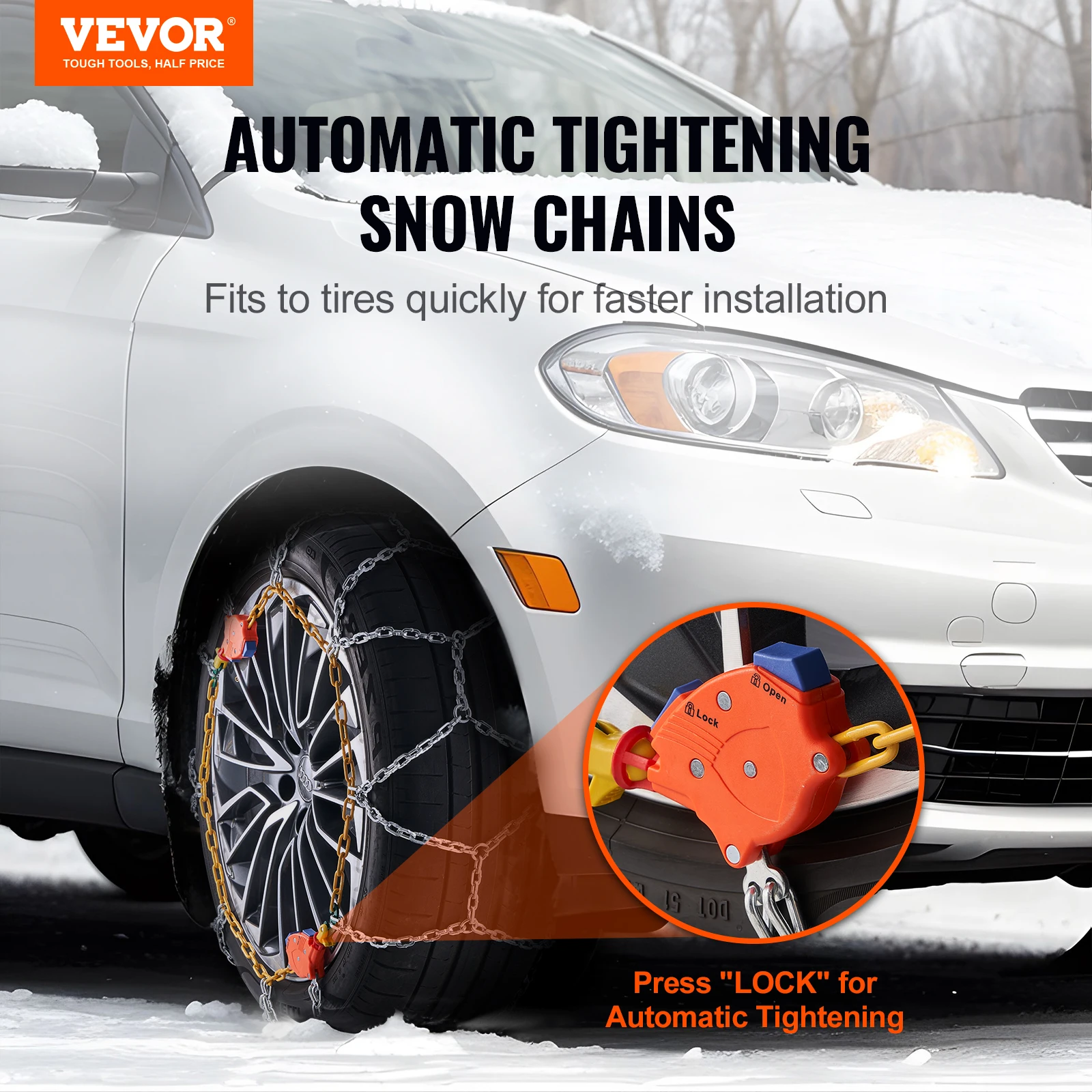 VEVOR Auto Tightening Snow Chains Anti-slip Manganese Alloy Steel Emergency Tire Chains for Cars Pickups SUVs Trucks (Set of 2)