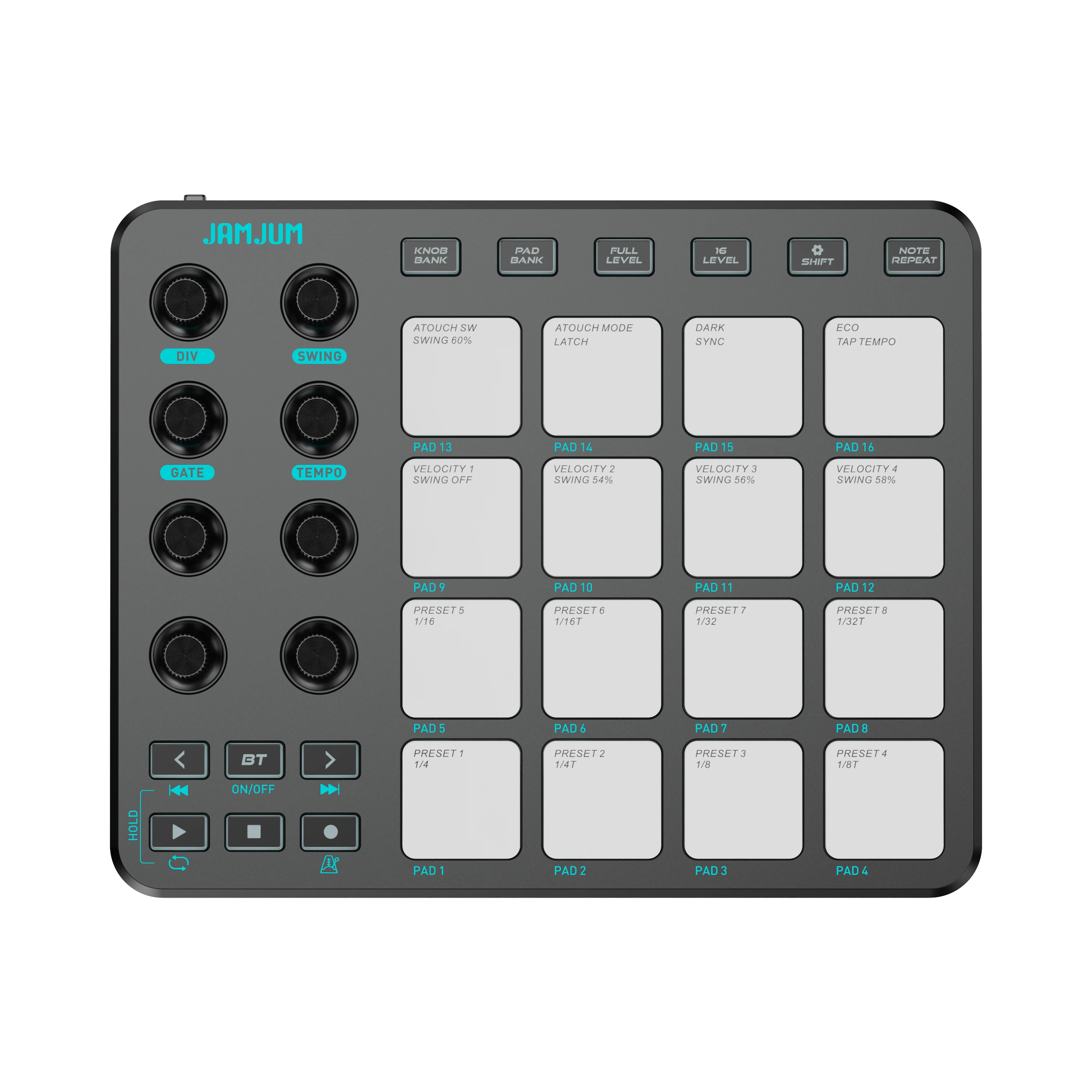 jamjum-midi-controller-pad-bt-rgb-strike-pad-backlight-midi-connection-low-latency-35mm-output-interface-rgb-pad